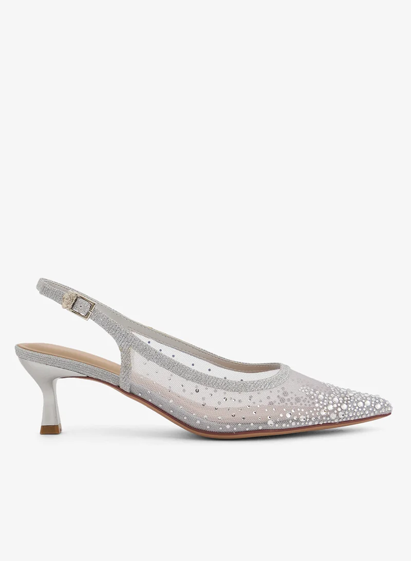 Mesh Rhinestone Embellished Silver Mid Heel Pumps